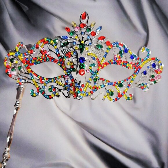 Rainbow Masquerade Mask, Crystal Handheld Mask, Silver Mask, Prom Mask, Pride - Picture 2 of 10